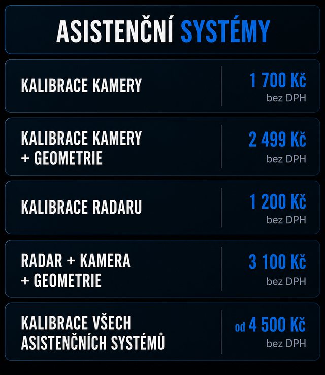 Ceník — Asistenční systémy: kalibrace kamery, radaru, geometrie, kalibrace všech asistenčních systémů
