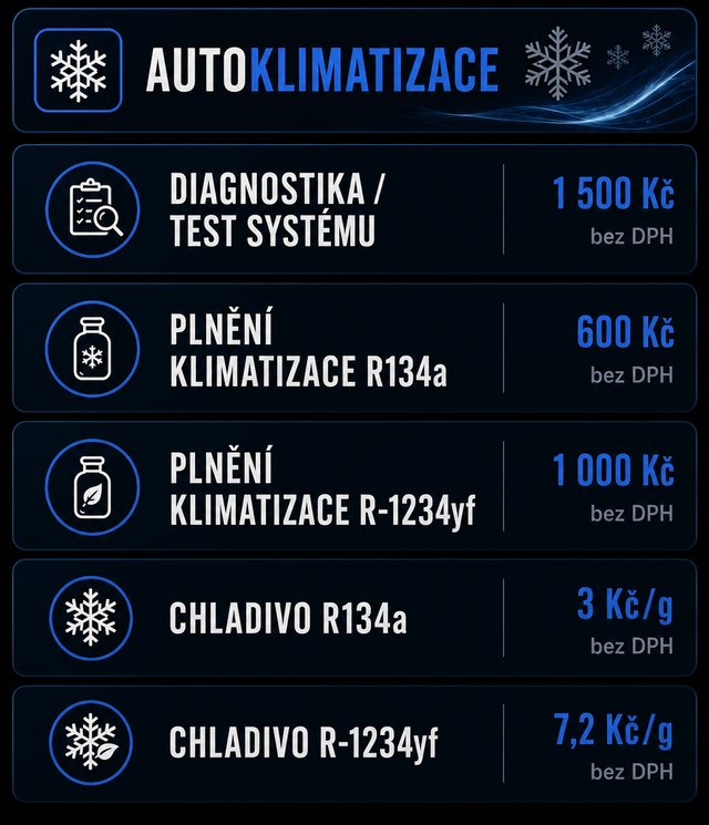 Ceník — Autoklimatizace: plnění R134a a R-1234yf, chladivo