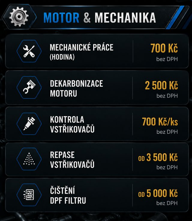 Ceník — Motor a mechanika: mechanické práce, dekarbonizace, vstřikovače, čištění DPF