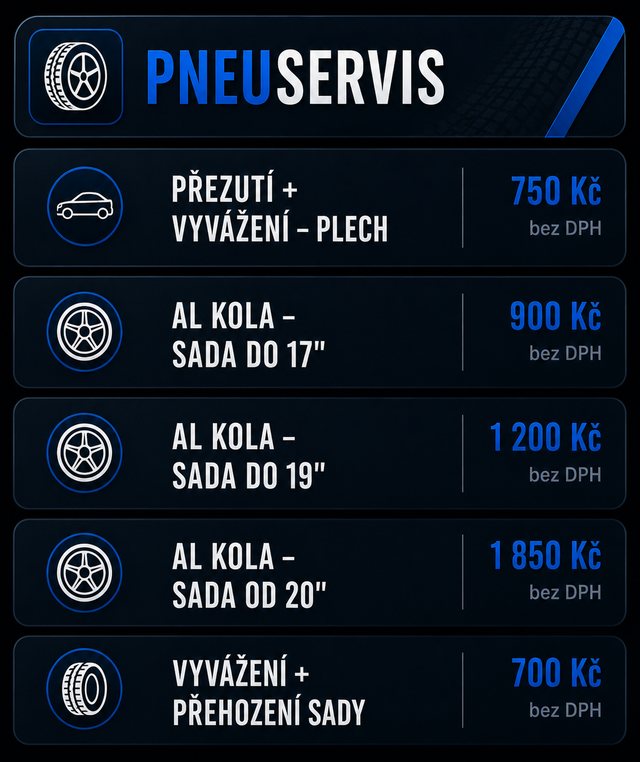 Ceník — Pneuservis: přezutí, vyvážení, hliníková kola