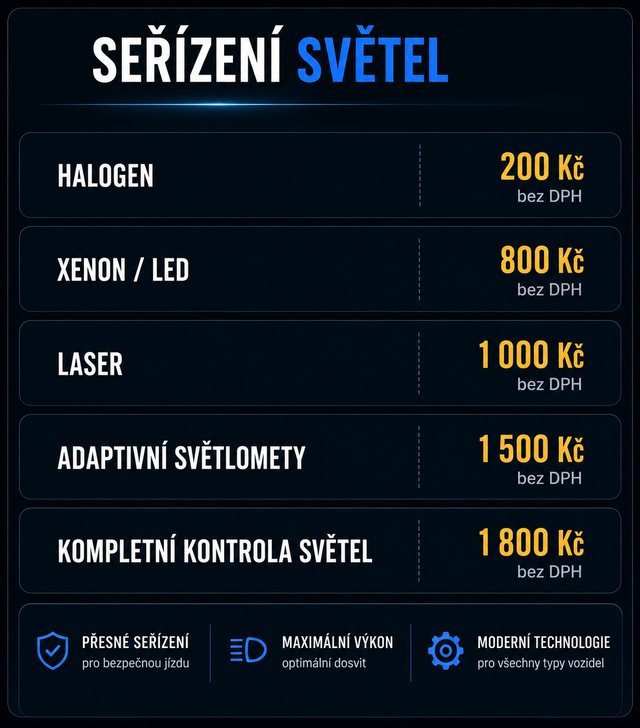Ceník — Seřízení světel: halogen, xenon/LED, laser, adaptivní světlomety, kompletní kontrola světel