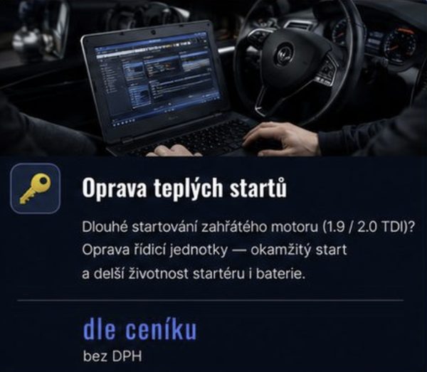 Oprava teplých startů — dle ceníku bez DPH