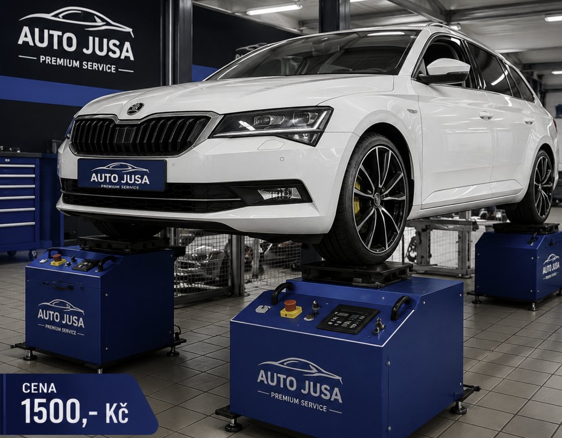 Vibrační test podvozku vozu Škoda na vibračních plošinách v servisu AUTO JUSA Tachov